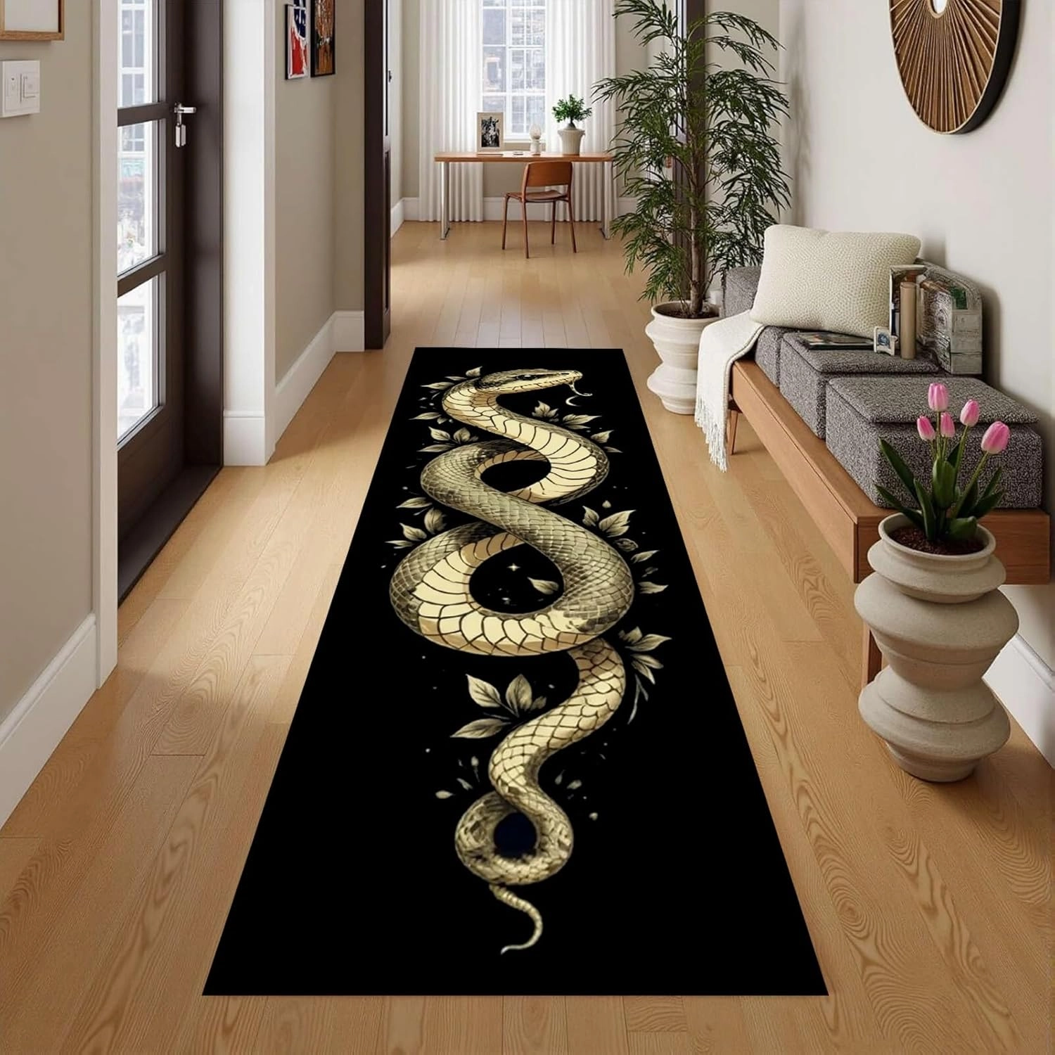 Long Snake Runner Rug 2x7ft Aesthetic Python Serpent Art Decor Hallway Rug Low Pile Non-Shedding Washable Kitchen Mat Stain Resistant Anti-Slip Dining Room Laundry Rug
