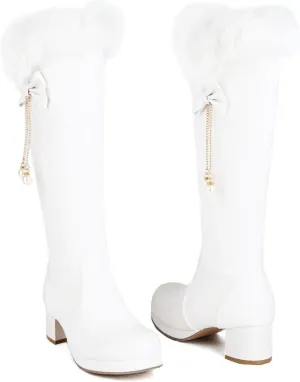 Low Heel Straight Boots, V Neck Velvet Trimmed Knee High Boots Round Toe Side Zipper Tassel Decoration High Boots Fleece Lining for Warmth Snow Boots