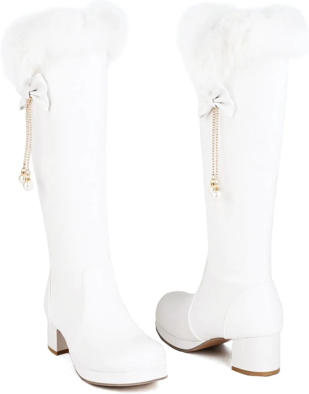 Low Heel Straight Boots, V Neck Velvet Trimmed Knee High Boots Round Toe Side Zipper Tassel Decoration High Boots Fleece Lining for Warmth Snow Boots