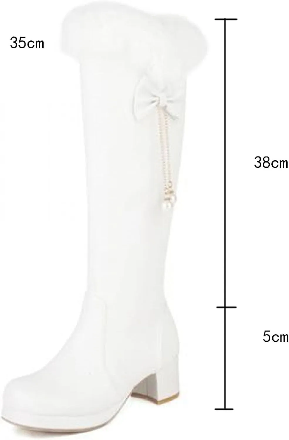 Low Heel Straight Boots, V Neck Velvet Trimmed Knee High Boots Round Toe Side Zipper Tassel Decoration High Boots Fleece Lining for Warmth Snow Boots