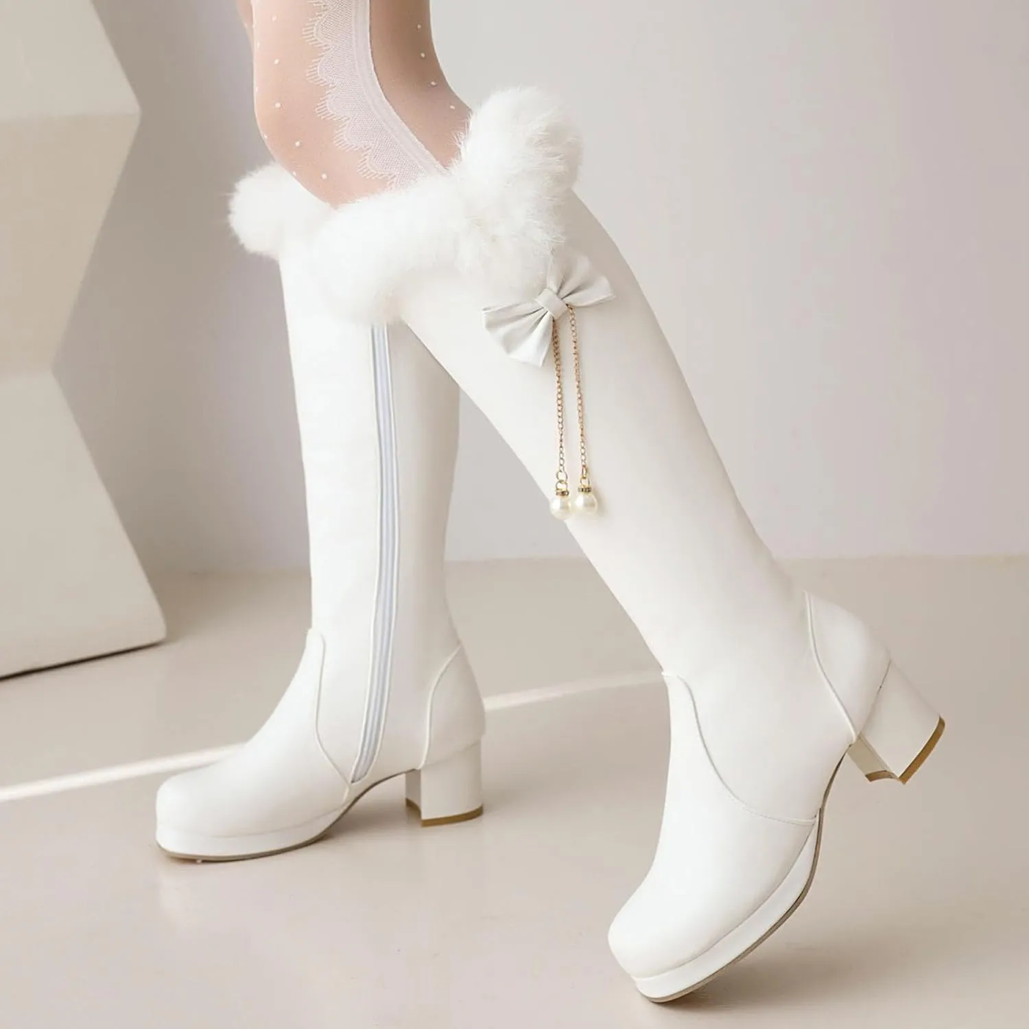 Low Heel Straight Boots, V Neck Velvet Trimmed Knee High Boots Round Toe Side Zipper Tassel Decoration High Boots Fleece Lining for Warmth Snow Boots