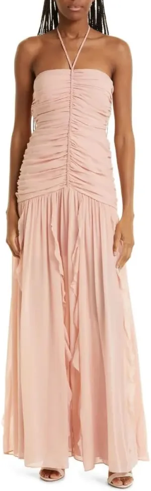 Lucine Ruched Silk Halter Dress in Ballet Pink Size 8