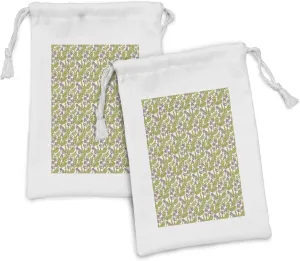 Lunarable Botanical Fabric Pouch Set of 2, Astragalus Medicinal Plant with Purple Blossoms Cartoon Leaves Shrubs, Small Drawstring Bag for Toiletries Masks and Favors, 9" x 6", Fuchsia Yellow Green