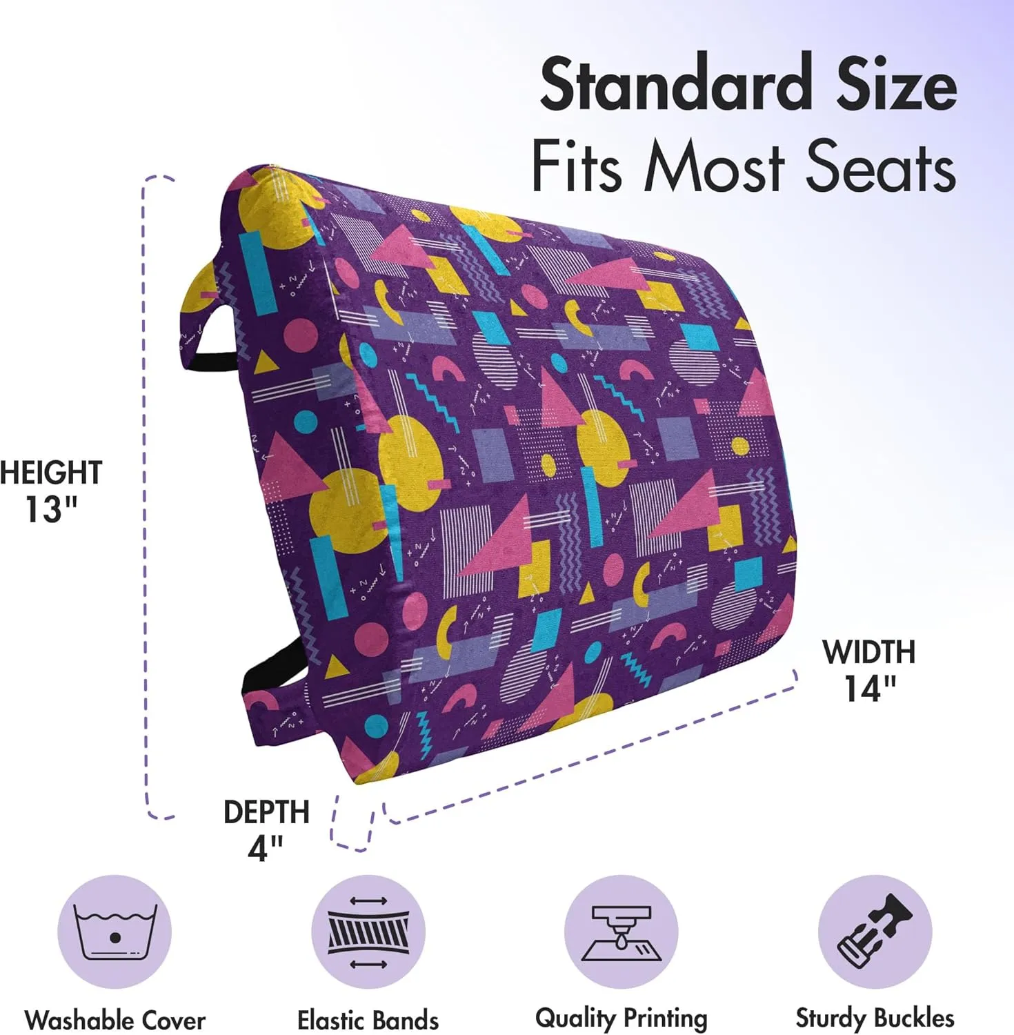 Lunarable Geometric Lumbar Back Support Pillow, Square Triangles Stripes Zig Zag Modern 80s Retro Style, High Density Foam for Office Chairs Car Seats, 14" x 13", Earth Yellow Fuchsia