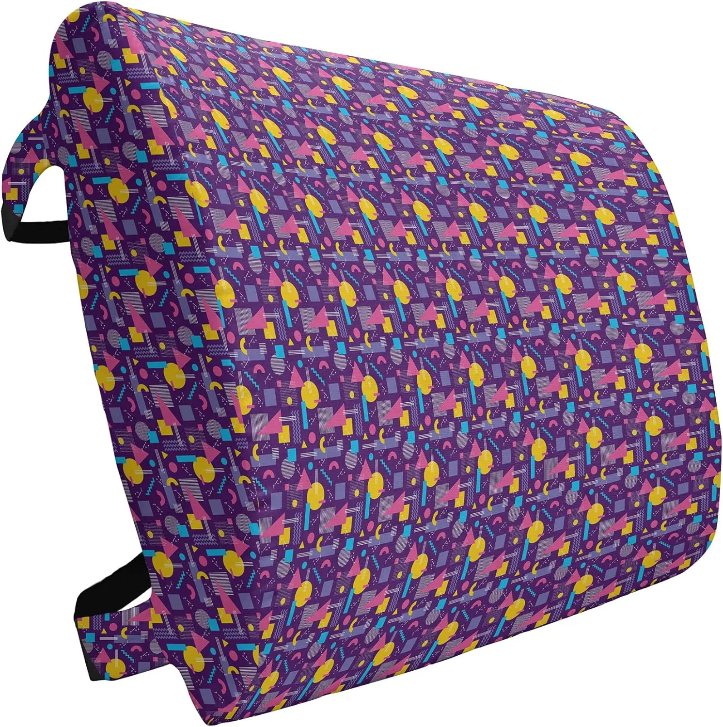 Lunarable Geometric Lumbar Back Support Pillow, Square Triangles Stripes Zig Zag Modern 80s Retro Style, High Density Foam for Office Chairs Car Seats, 14" x 13", Earth Yellow Fuchsia
