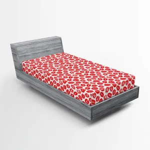 Lunarable Kiss Fitted Sheet, Rhythmic Make up Red Luscious Lips Lipstick Imprint Illustration, Bed Cover with All-Round Elastic Deep Pocket for Comfort, Twin XL Size, Dark Pink and White