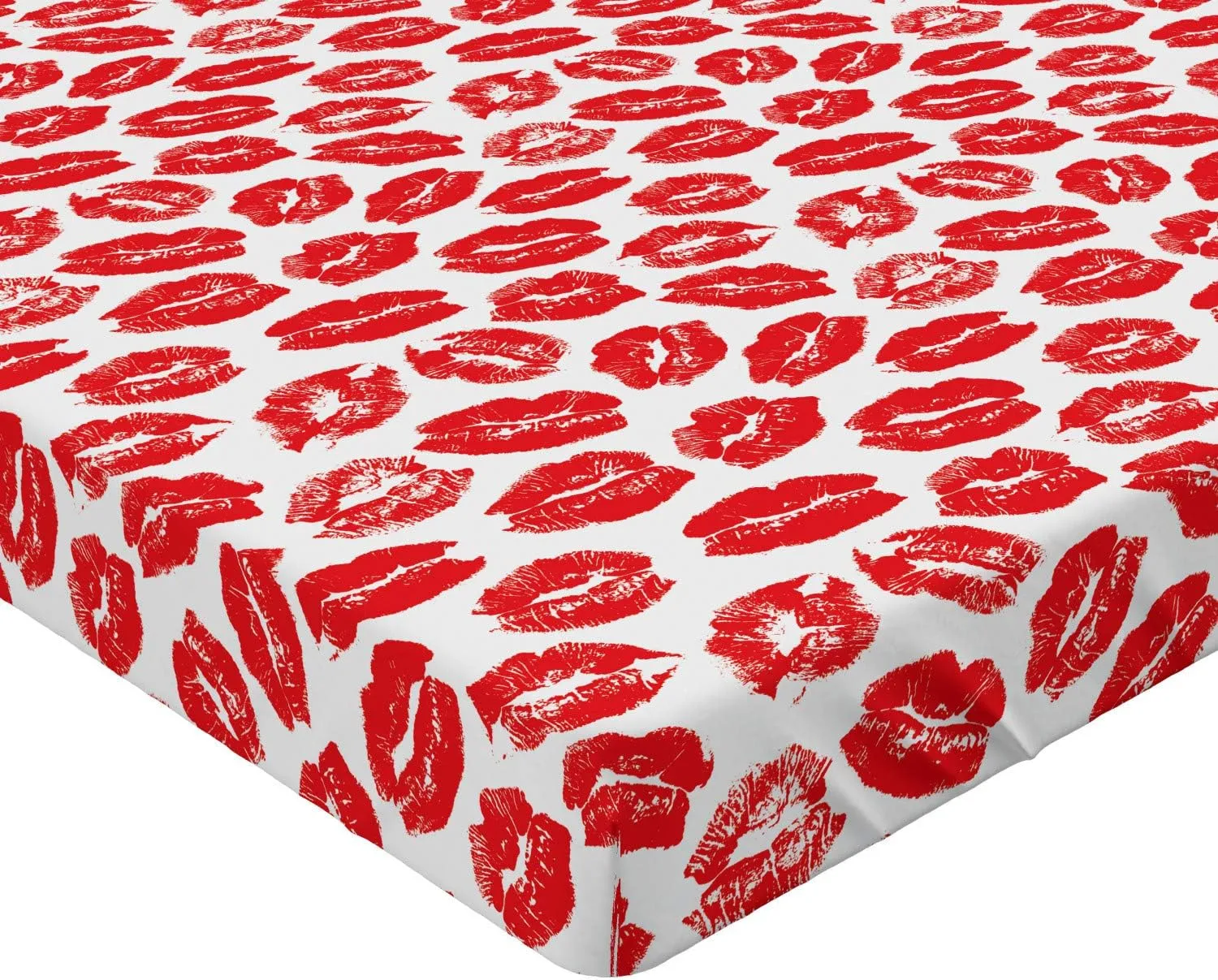 Lunarable Kiss Fitted Sheet, Rhythmic Make up Red Luscious Lips Lipstick Imprint Illustration, Bed Cover with All-Round Elastic Deep Pocket for Comfort, Twin XL Size, Dark Pink and White