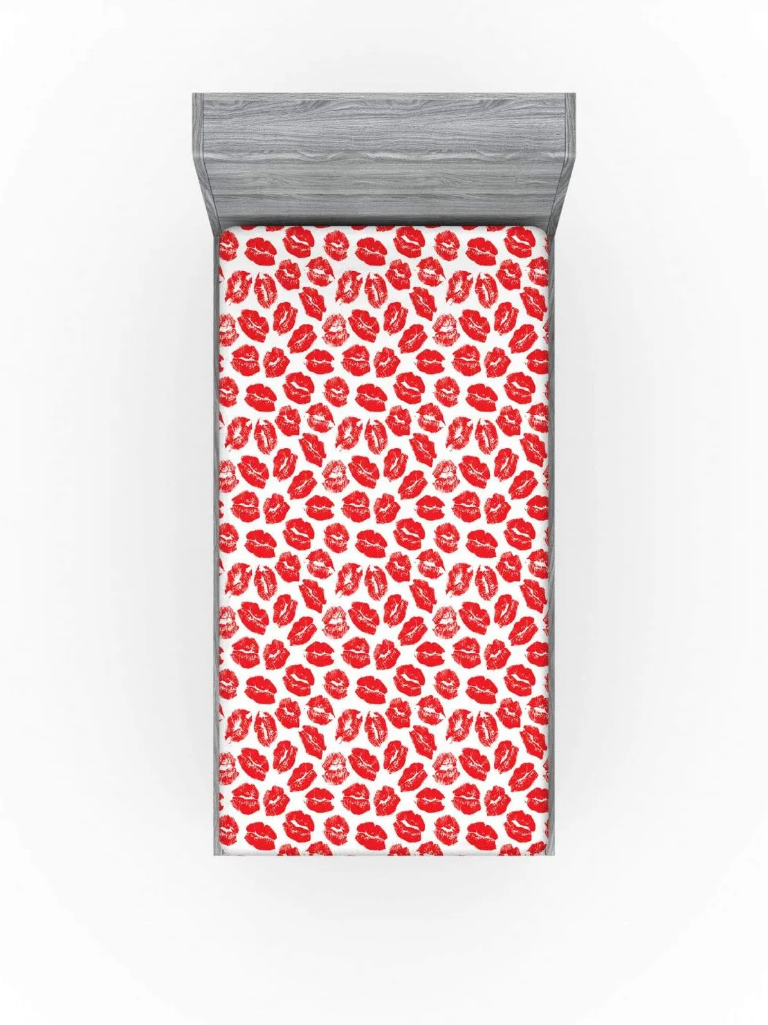 Lunarable Kiss Fitted Sheet, Rhythmic Make up Red Luscious Lips Lipstick Imprint Illustration, Bed Cover with All-Round Elastic Deep Pocket for Comfort, Twin XL Size, Dark Pink and White