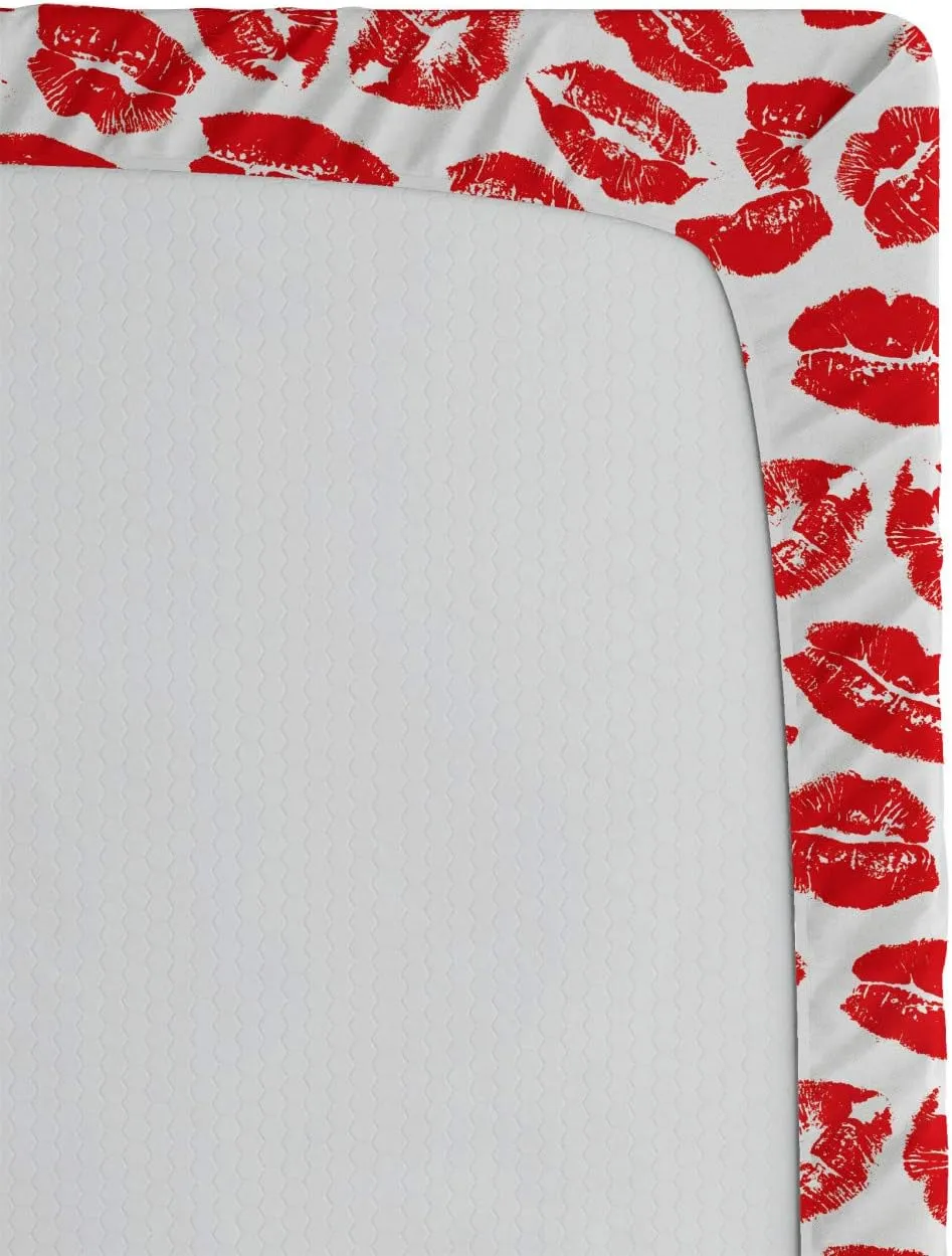 Lunarable Kiss Fitted Sheet, Rhythmic Make up Red Luscious Lips Lipstick Imprint Illustration, Bed Cover with All-Round Elastic Deep Pocket for Comfort, Twin XL Size, Dark Pink and White