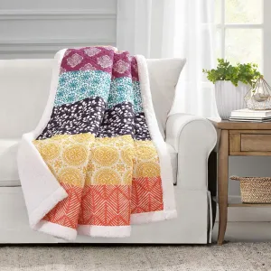Lush Decor Bohemian Stripe Sherpa Throw Blanket, 50" W x 60" L, Fuchsia & Orange - Bold Colorful Boho Stripe Design - Quilted Print - Soft Sherpa Blanket For Bed, Couch, Or Chair