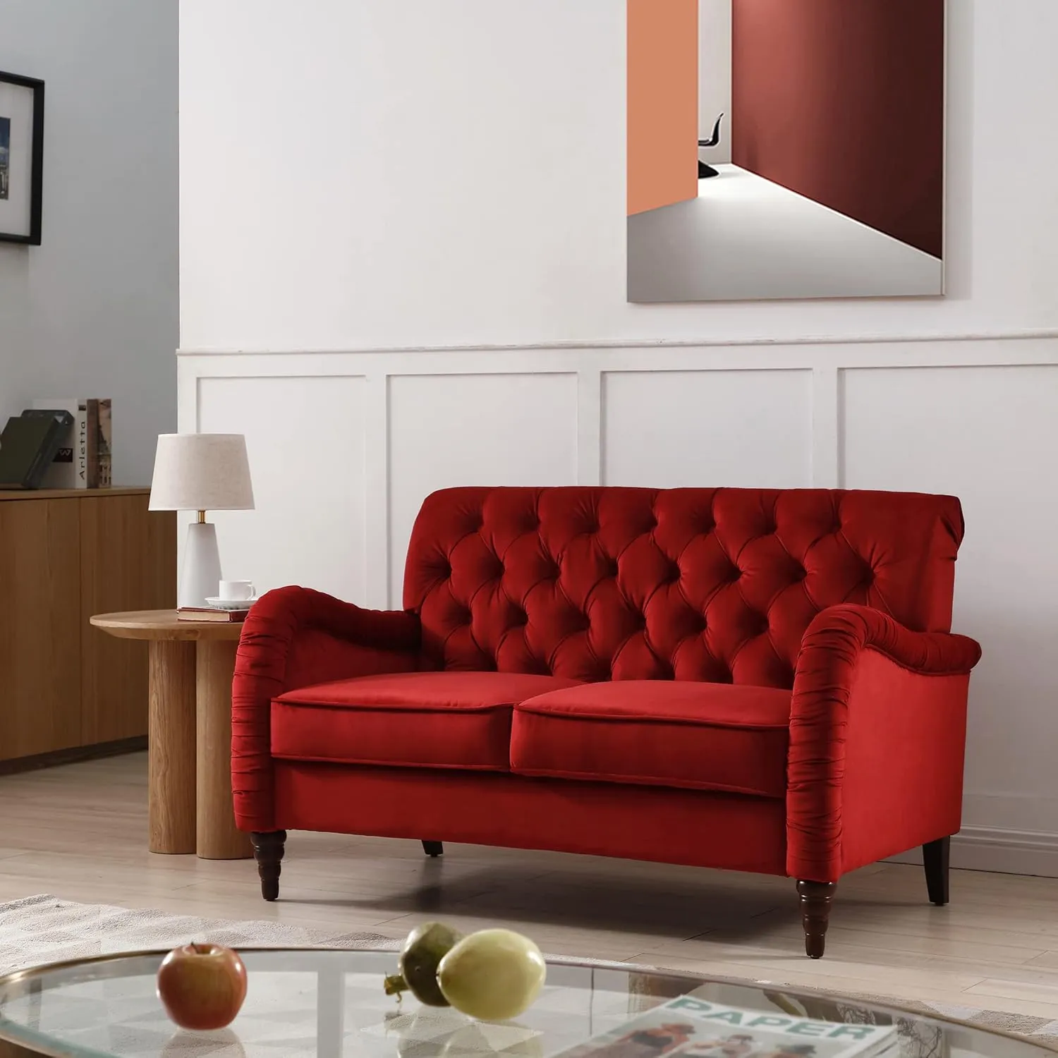 Luxurious Chesterfield Sofa - Exemplary Craftsmanship, Comfortable Seating, Modern Aesthetics - Plush Velvet Upholstery Sofa for Home Office Living Room (Burgundy 2-Seater Loveseat)