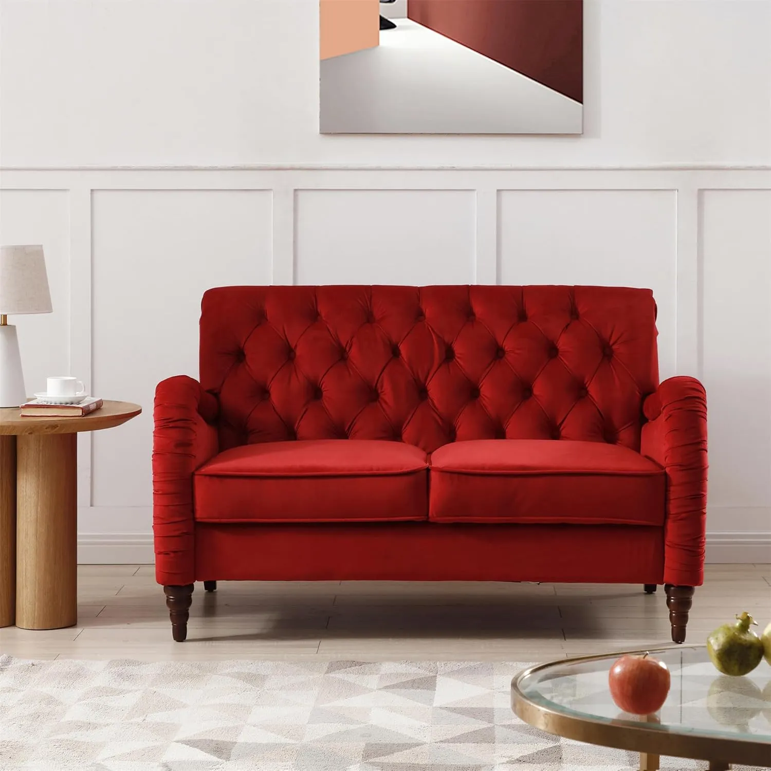 Luxurious Chesterfield Sofa - Exemplary Craftsmanship, Comfortable Seating, Modern Aesthetics - Plush Velvet Upholstery Sofa for Home Office Living Room (Burgundy 2-Seater Loveseat)