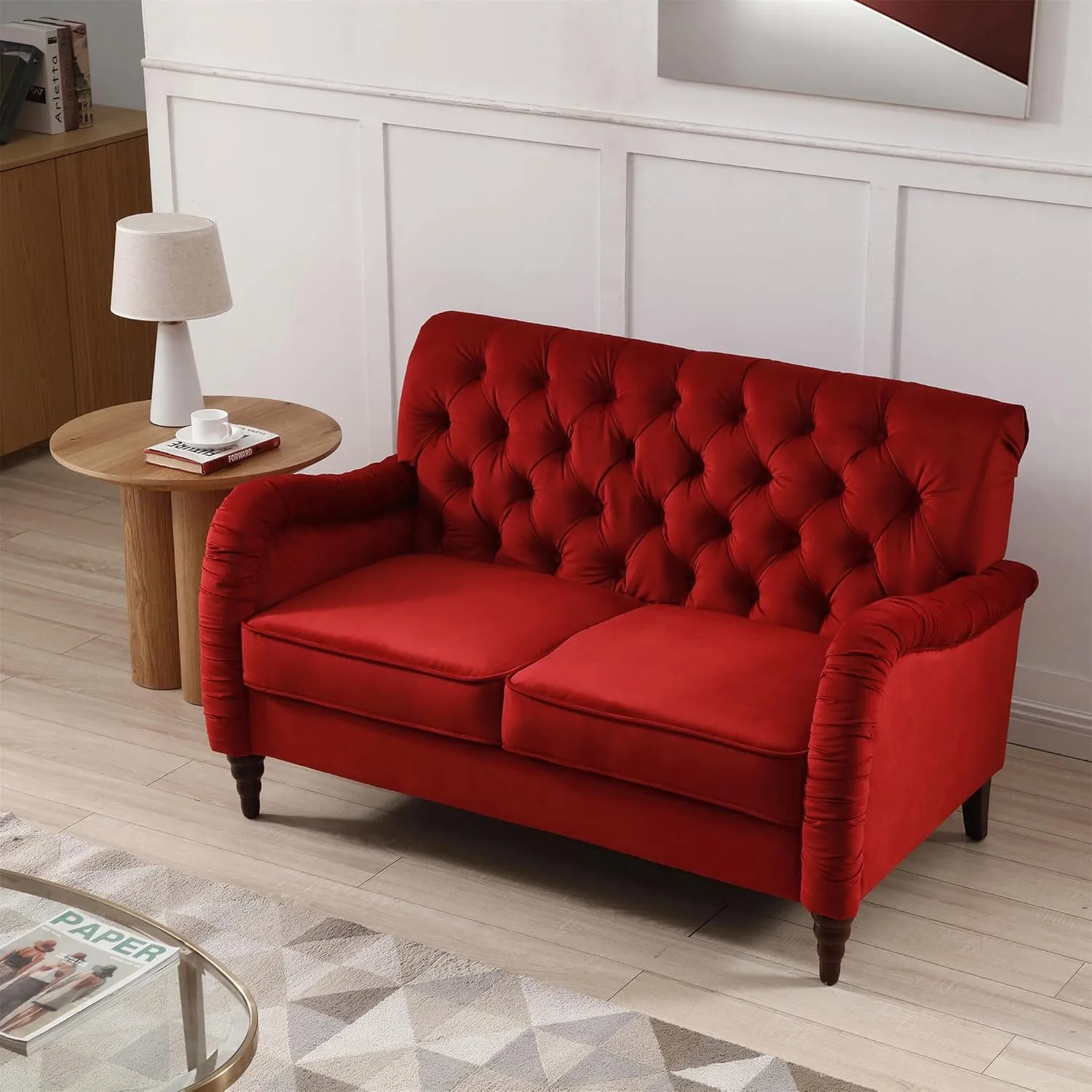 Luxurious Chesterfield Sofa - Exemplary Craftsmanship, Comfortable Seating, Modern Aesthetics - Plush Velvet Upholstery Sofa for Home Office Living Room (Burgundy 2-Seater Loveseat)