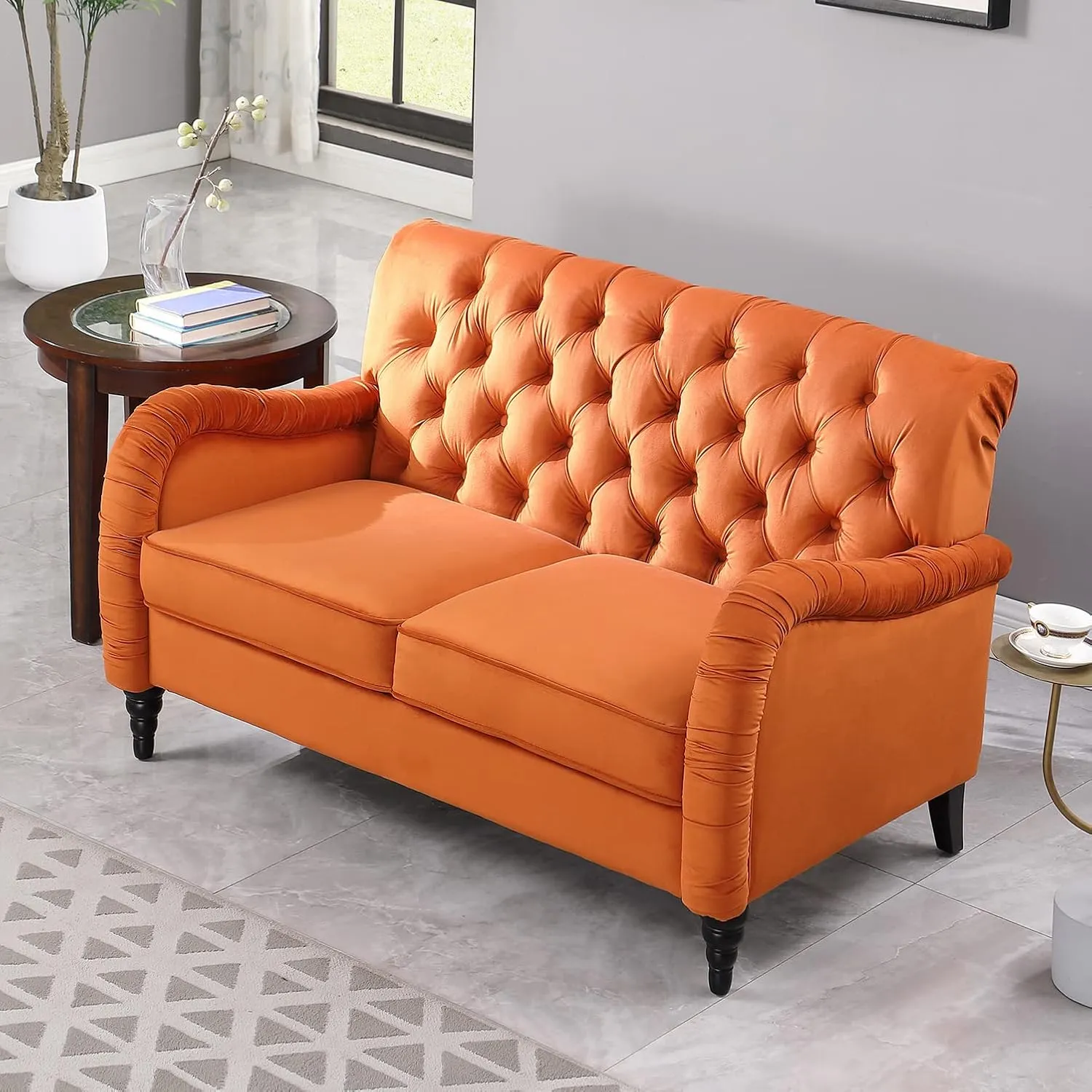 Luxurious Chesterfield Sofa - Exemplary Craftsmanship, Comfortable Seating, Modern Aesthetics - Plush Velvet Upholstery Sofa for Home Office Living Room (Orange 2-Seater Loveseat)
