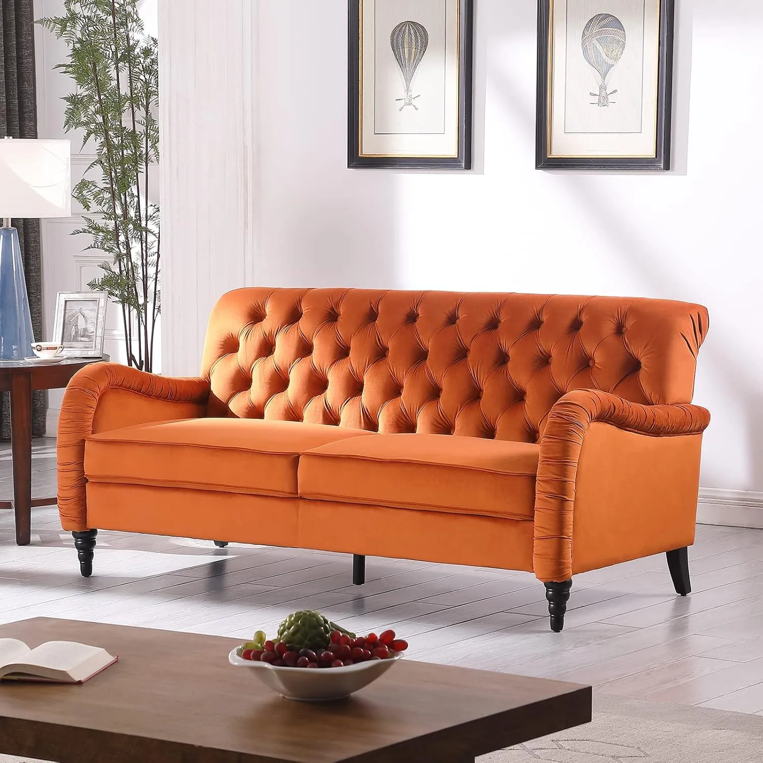 Luxurious Chesterfield Sofa - Exemplary Craftsmanship, Comfortable Seating, Modern Aesthetics - Plush Velvet Upholstery Sofa for Home Office Living Room (Orange 3-Seater Couch)
