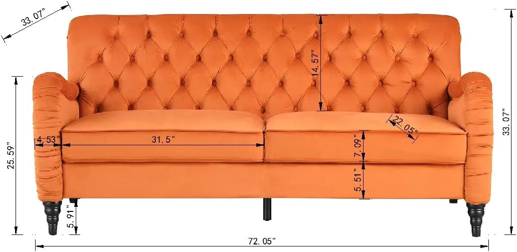 Luxurious Chesterfield Sofa - Exemplary Craftsmanship, Comfortable Seating, Modern Aesthetics - Plush Velvet Upholstery Sofa for Home Office Living Room (Orange 3-Seater Couch)