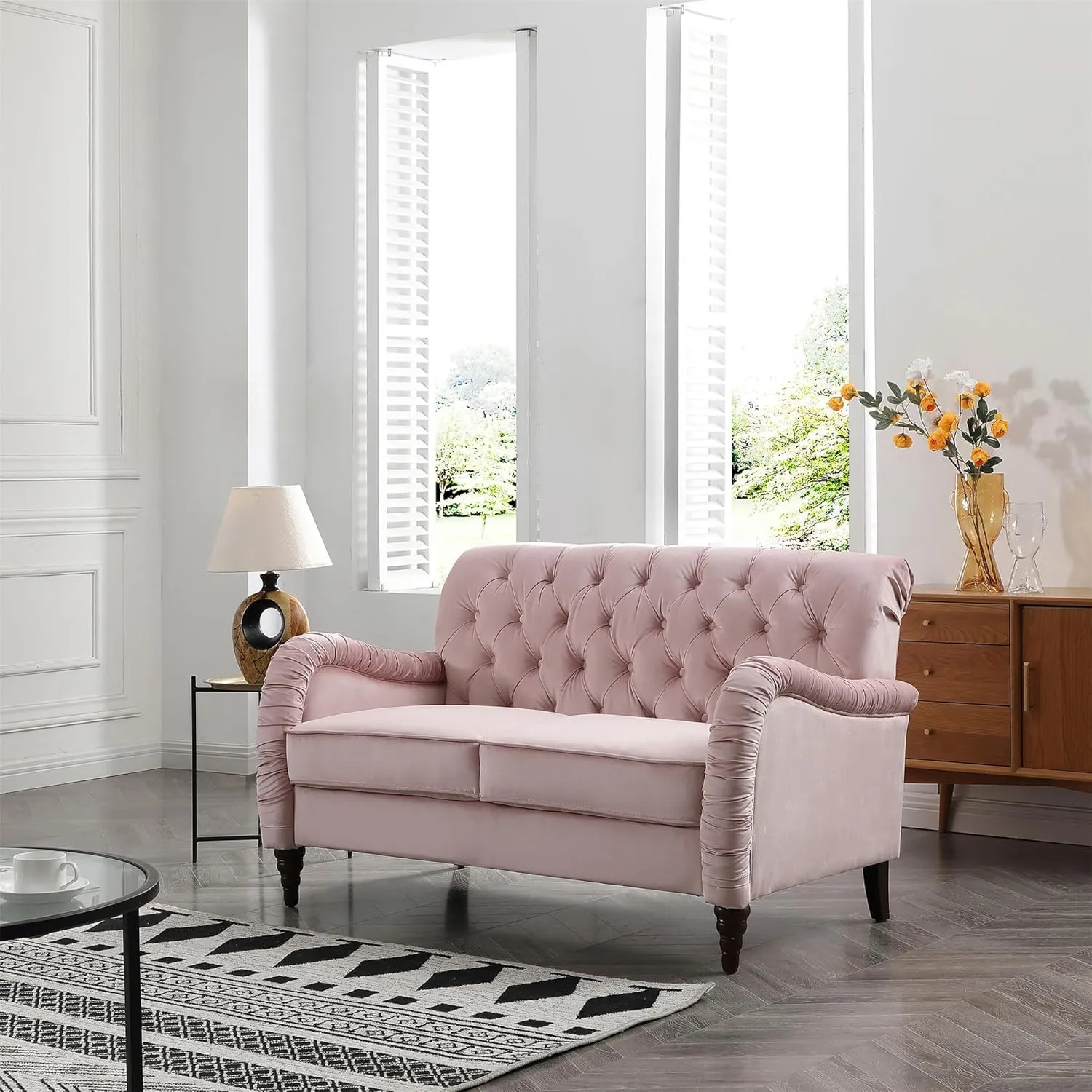 Luxurious Chesterfield Sofa - Exemplary Craftsmanship, Comfortable Seating, Modern Aesthetics - Plush Velvet Upholstery Sofa for Home Office Living Room (Pink 2-Seater Loveseat)