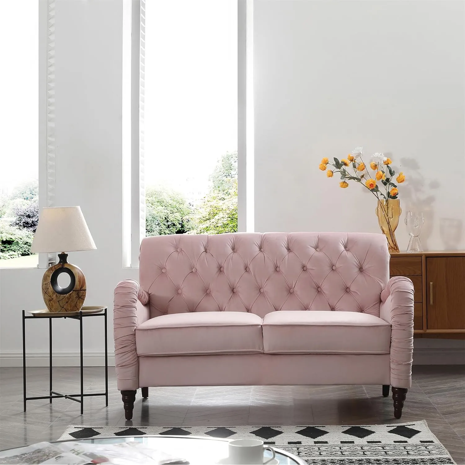 Luxurious Chesterfield Sofa - Exemplary Craftsmanship, Comfortable Seating, Modern Aesthetics - Plush Velvet Upholstery Sofa for Home Office Living Room (Pink 2-Seater Loveseat)