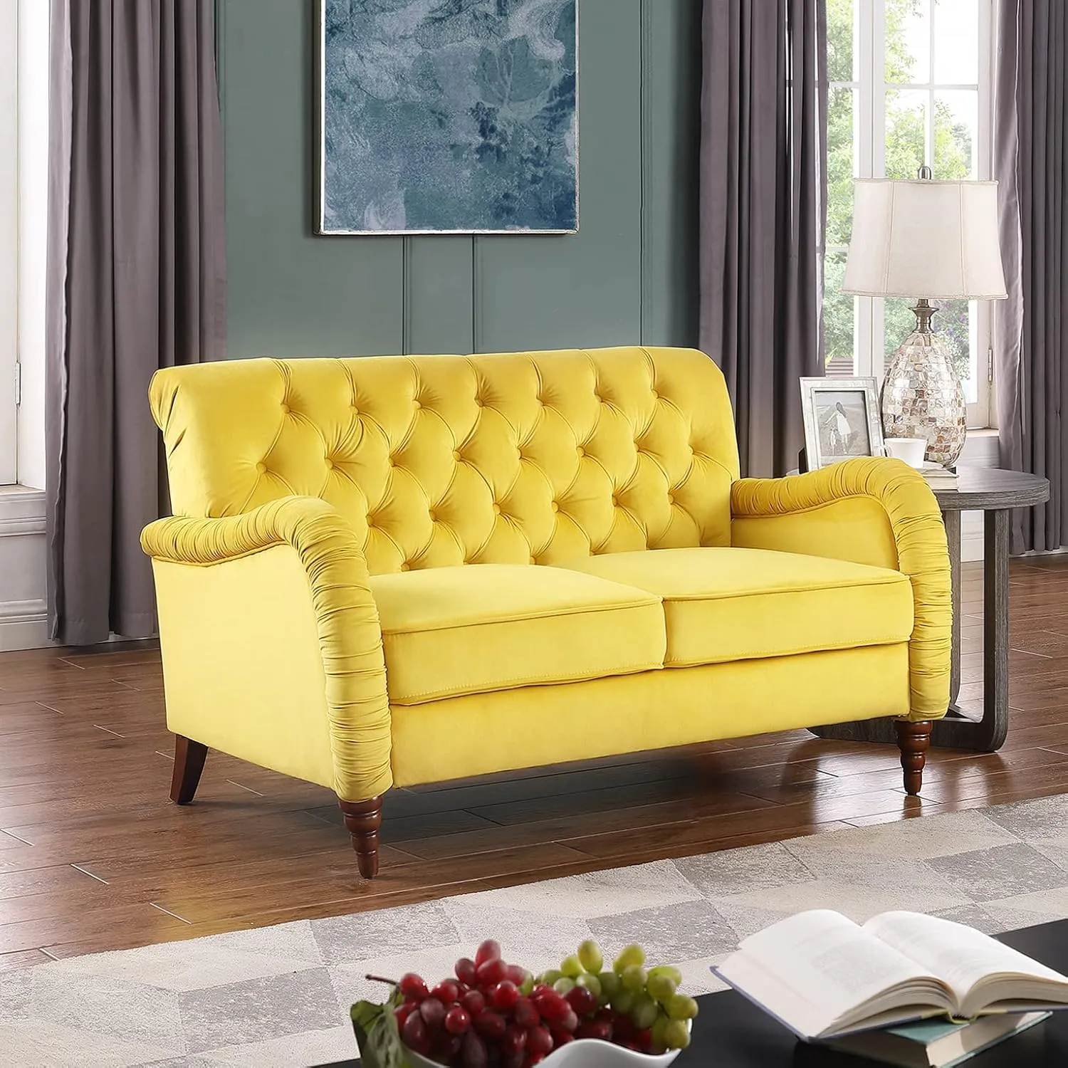Luxurious Chesterfield Sofa - Exemplary Craftsmanship, Comfortable Seating, Modern Aesthetics - Plush Velvet Upholstery Sofa for Home Office Living Room (Yellow 2-Seater Loveseat)