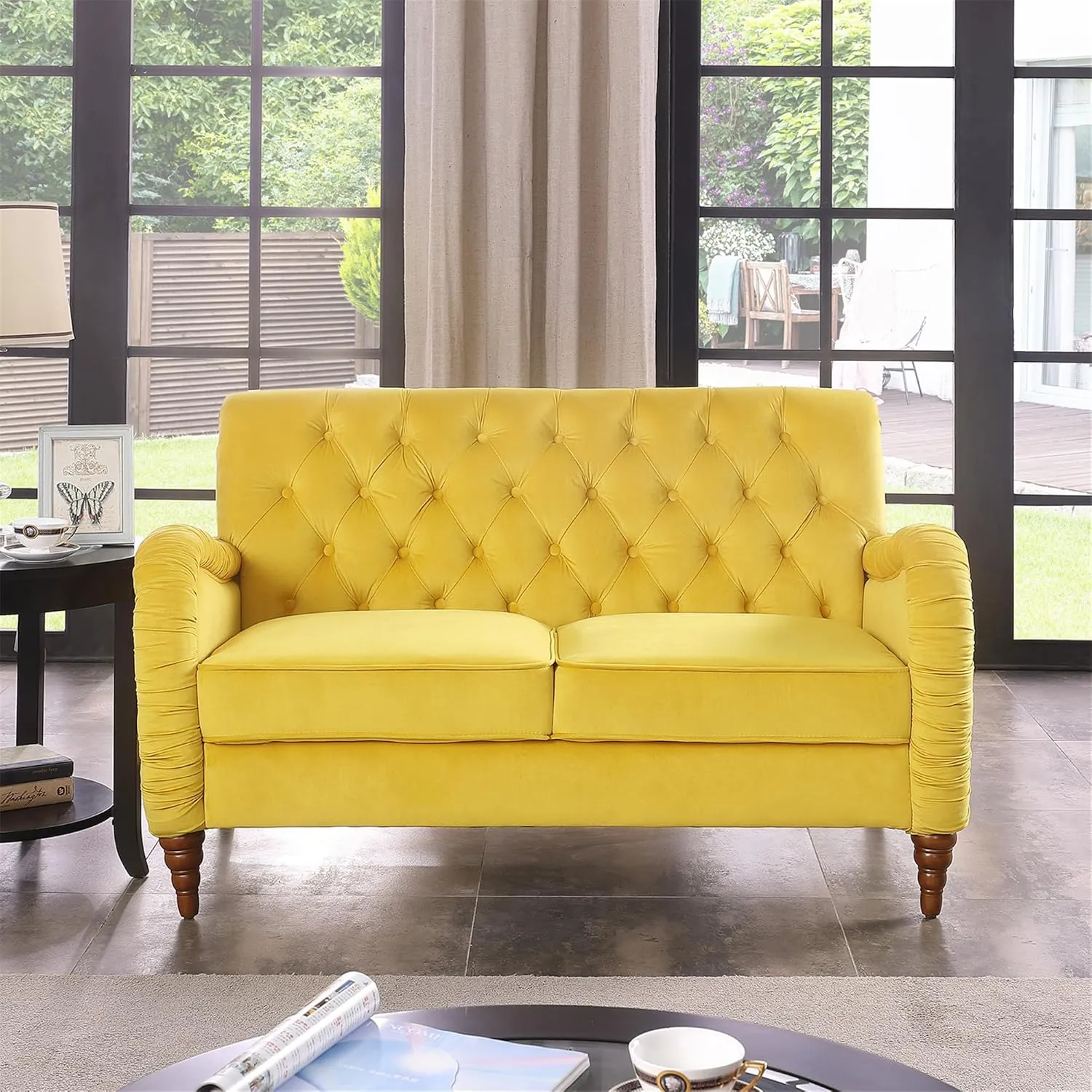 Luxurious Chesterfield Sofa - Exemplary Craftsmanship, Comfortable Seating, Modern Aesthetics - Plush Velvet Upholstery Sofa for Home Office Living Room (Yellow 2-Seater Loveseat)