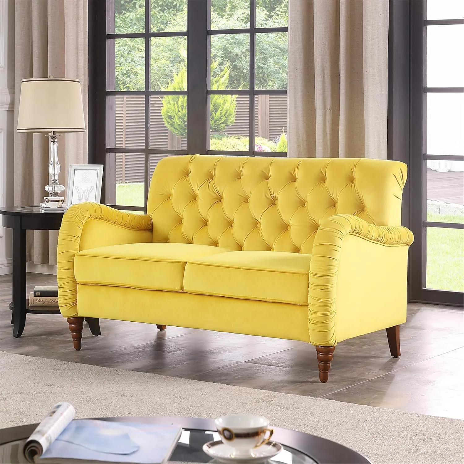 Luxurious Chesterfield Sofa - Exemplary Craftsmanship, Comfortable Seating, Modern Aesthetics - Plush Velvet Upholstery Sofa for Home Office Living Room (Yellow 2-Seater Loveseat)
