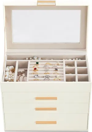 Luxury drawer jewelry box, clearly visible at the top - white and pink velvet storage box, four layer jewelry storage box with 3 drawers, ring, earring, necklace, bracelet organizer (white)