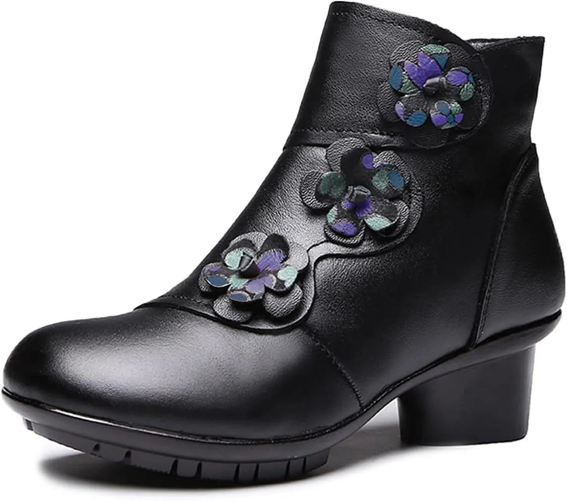 Lymphvity Women's Hand-Stitching Boot Flowers Chunky Heel Ankle Boots Vintage Side Zipper Block Heel Ethnic Style Booties