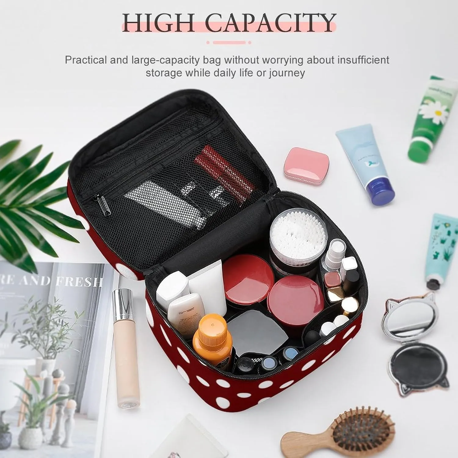Makeup Bag, Burgundy Red White Polka Dots Travel Cosmetic Bag Makeup Organizer Case Large Capacity Portable Zipper Toiletry Bag for Women