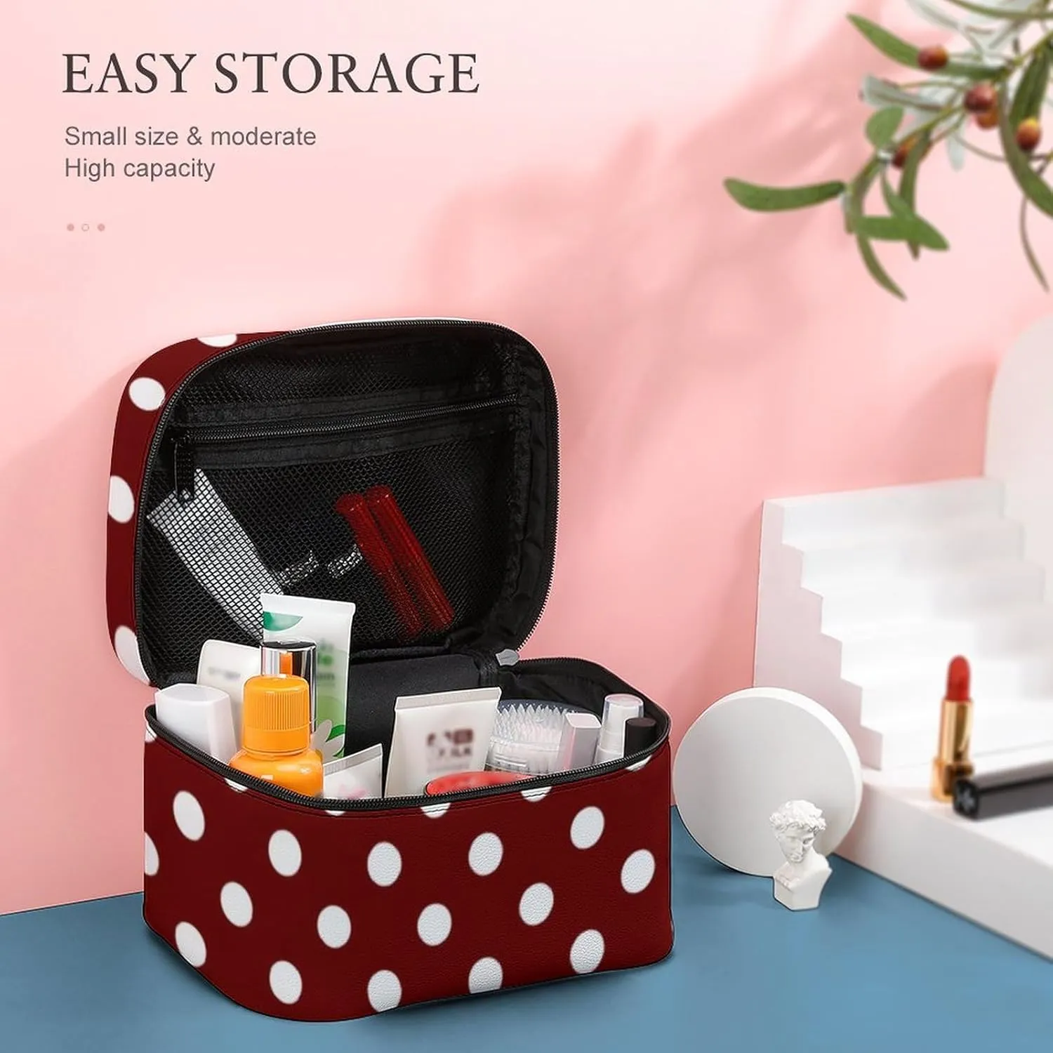 Makeup Bag, Burgundy Red White Polka Dots Travel Cosmetic Bag Makeup Organizer Case Large Capacity Portable Zipper Toiletry Bag for Women