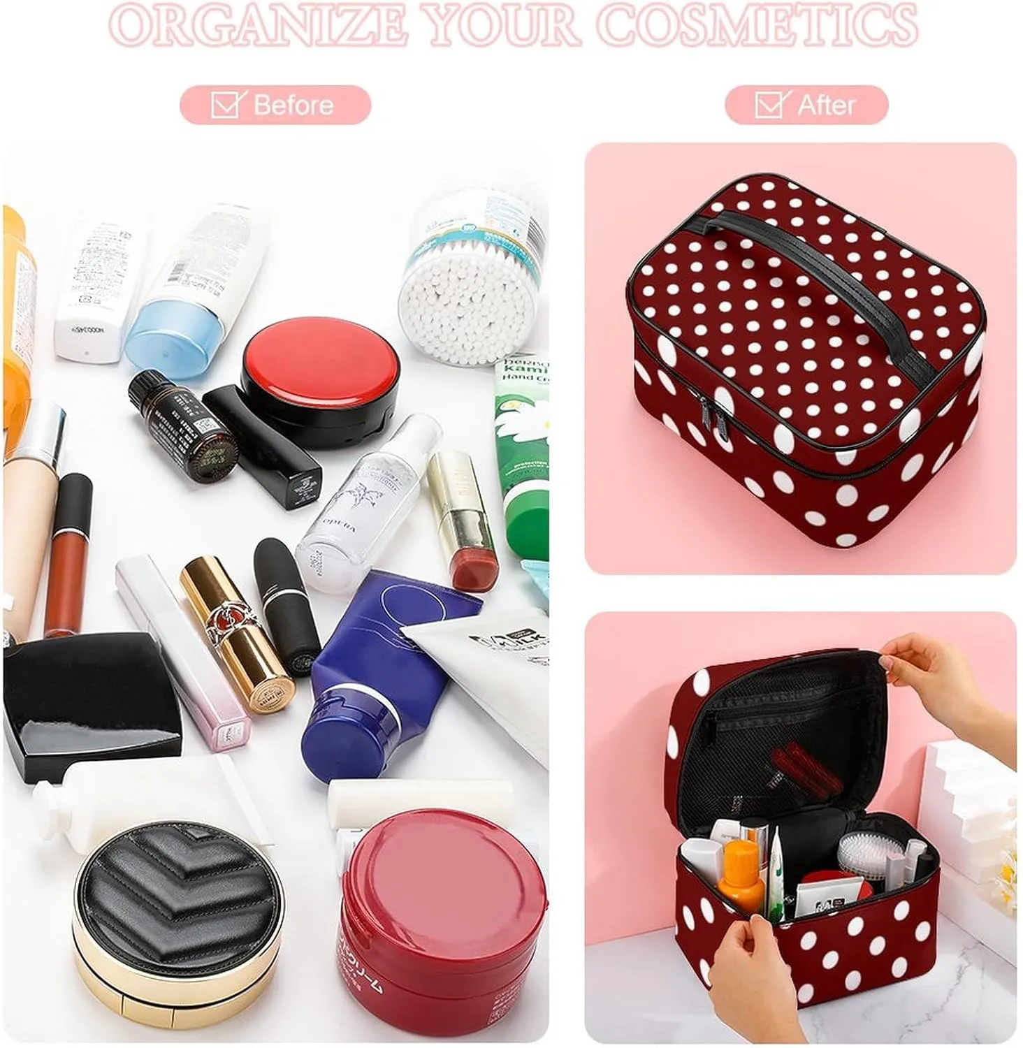 Makeup Bag, Burgundy Red White Polka Dots Travel Cosmetic Bag Makeup Organizer Case Large Capacity Portable Zipper Toiletry Bag for Women