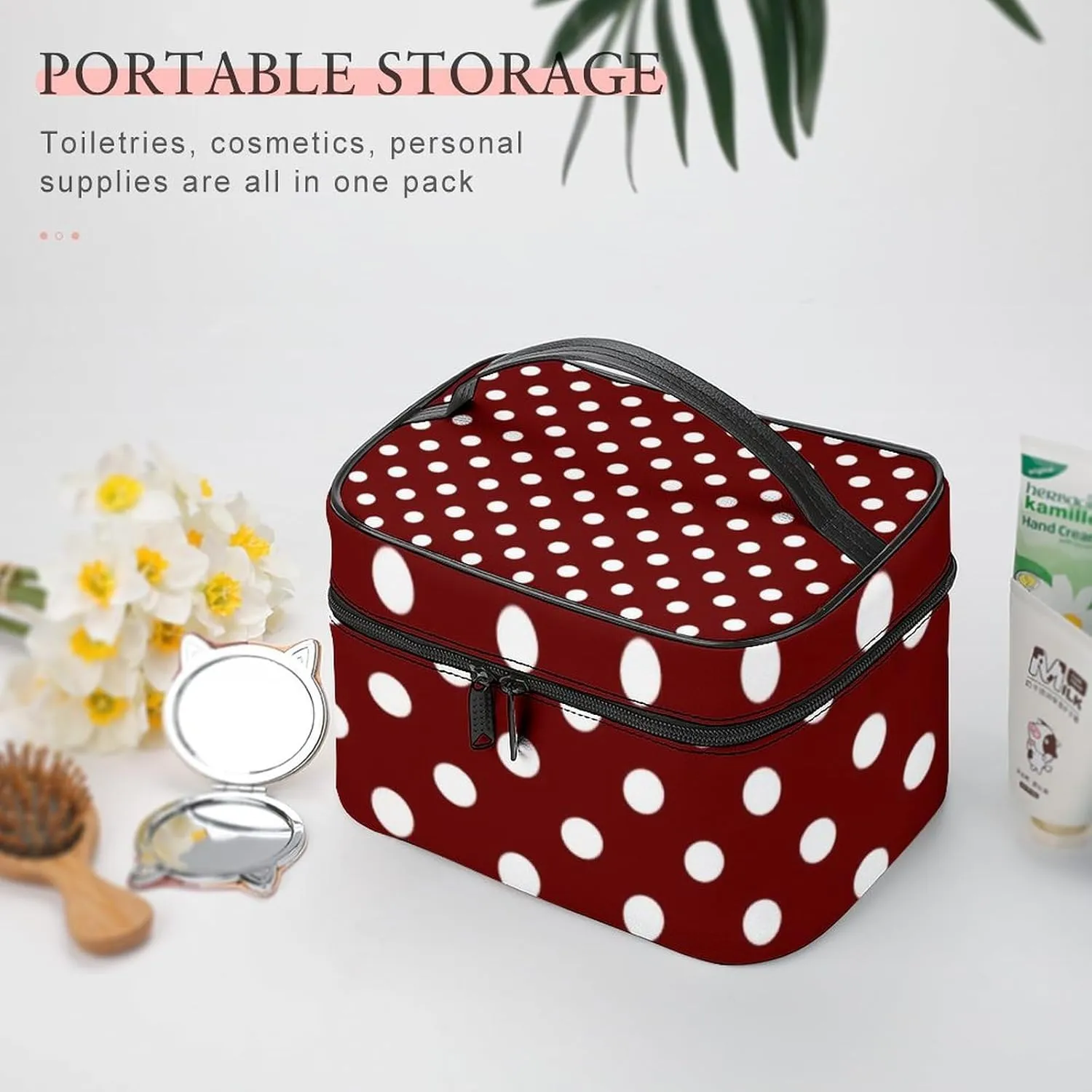 Makeup Bag, Burgundy Red White Polka Dots Travel Cosmetic Bag Makeup Organizer Case Large Capacity Portable Zipper Toiletry Bag for Women