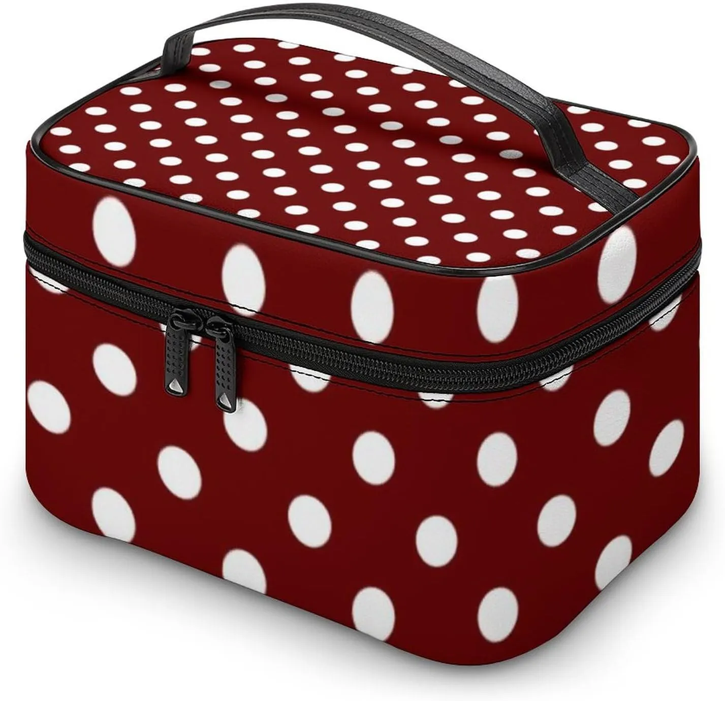 Makeup Bag, Burgundy Red White Polka Dots Travel Cosmetic Bag Makeup Organizer Case Large Capacity Portable Zipper Toiletry Bag for Women