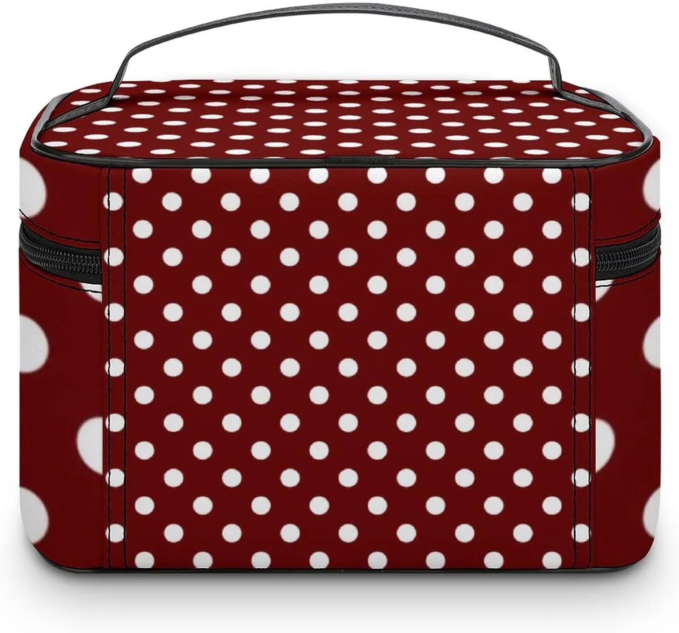 Makeup Bag, Burgundy Red White Polka Dots Travel Cosmetic Bag Makeup Organizer Case Large Capacity Portable Zipper Toiletry Bag for Women