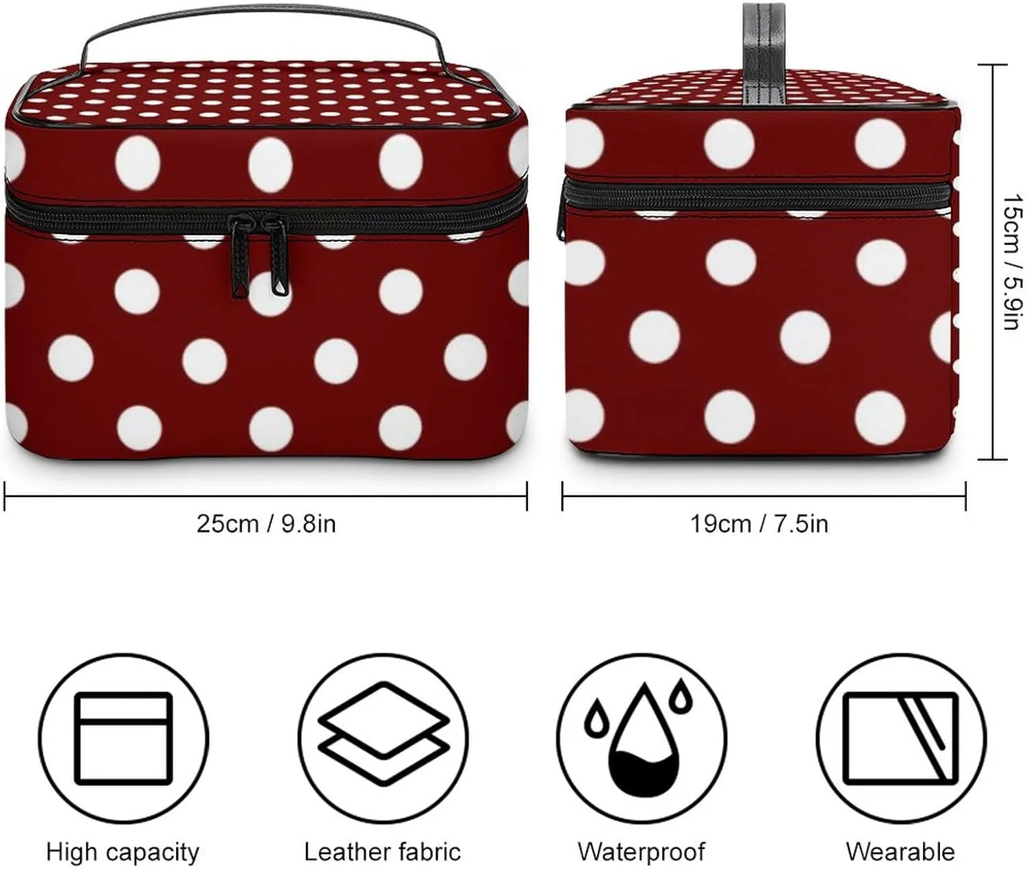 Makeup Bag, Burgundy Red White Polka Dots Travel Cosmetic Bag Makeup Organizer Case Large Capacity Portable Zipper Toiletry Bag for Women