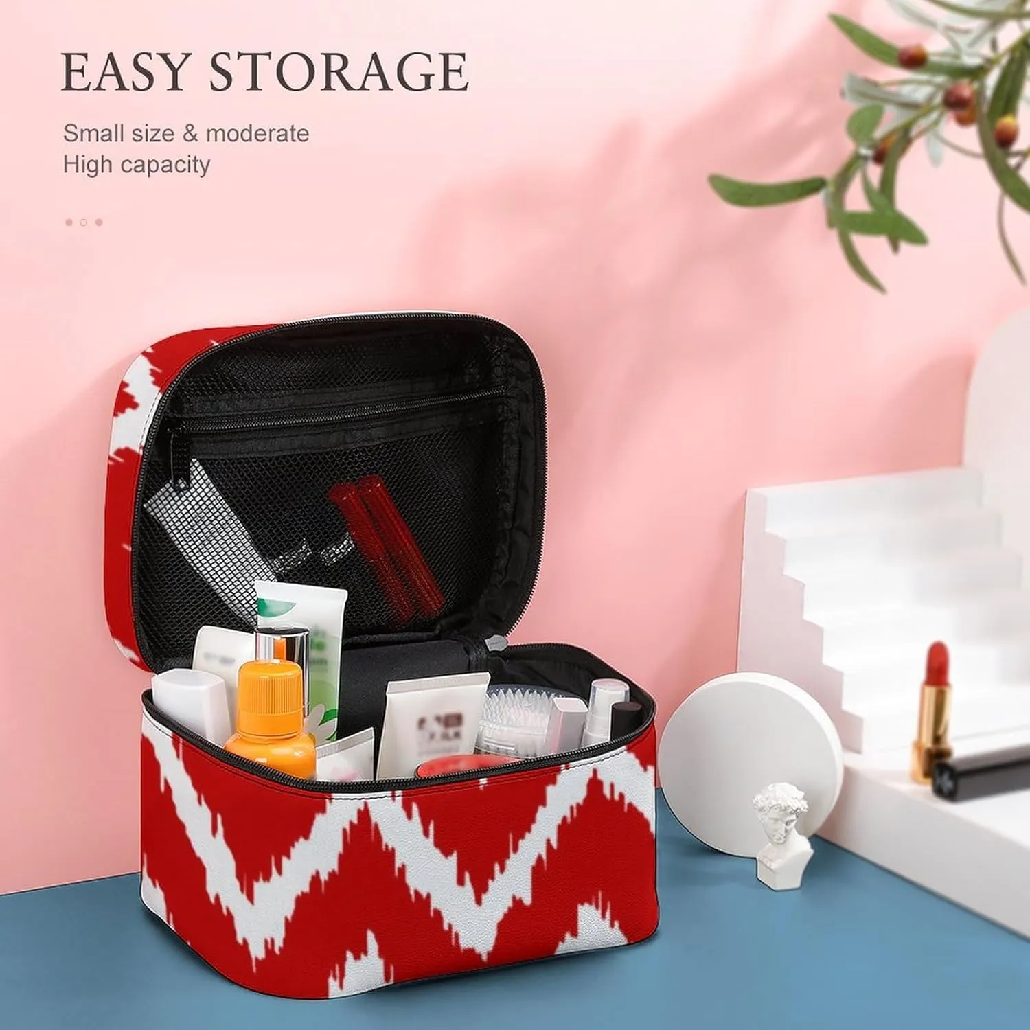 Makeup Bag, Modern Chevrons Deep Red and White Travel Cosmetic Bag Makeup Organizer Case Large Capacity Portable Zipper Toiletry Bag for Women
