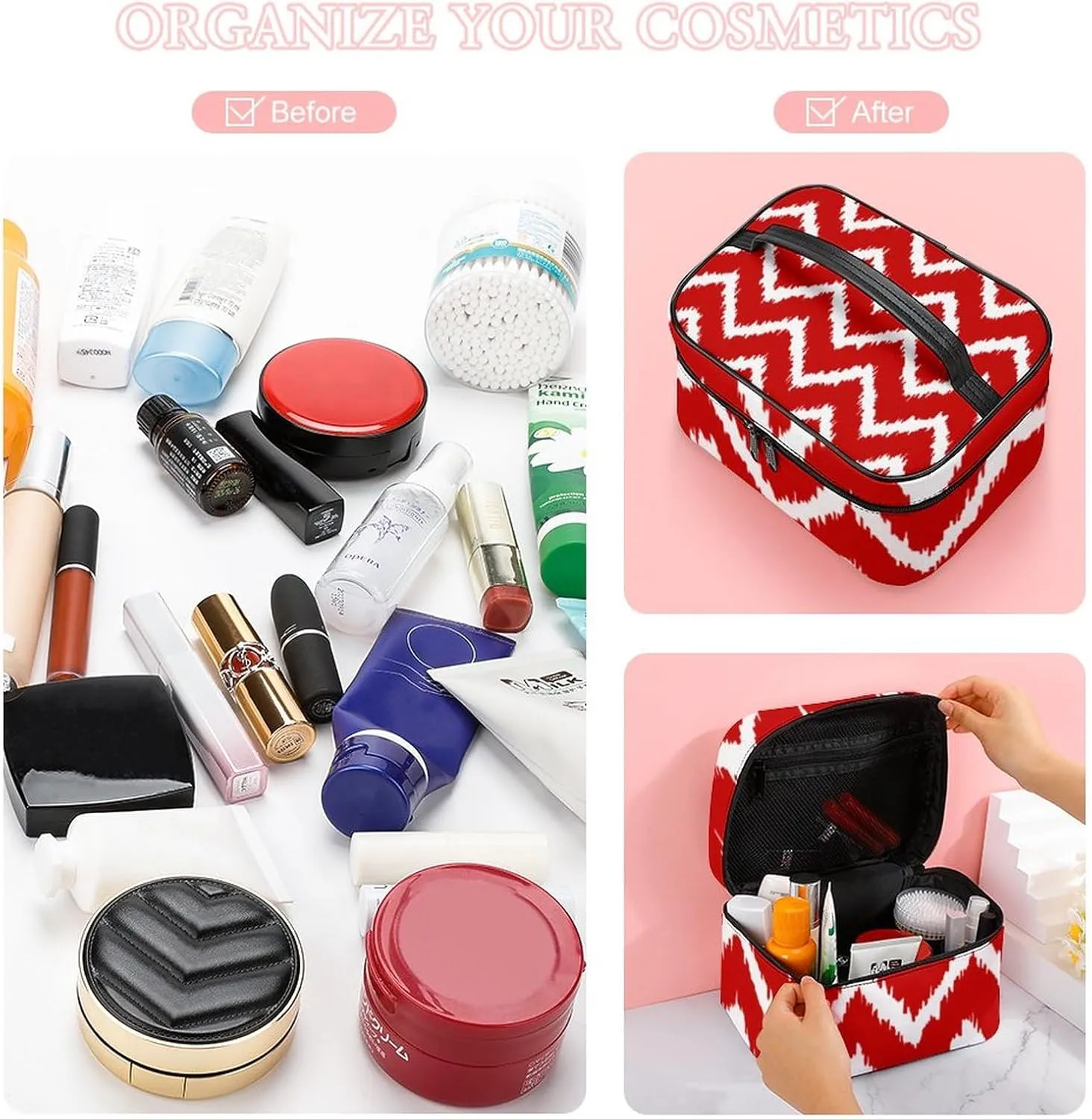 Makeup Bag, Modern Chevrons Deep Red and White Travel Cosmetic Bag Makeup Organizer Case Large Capacity Portable Zipper Toiletry Bag for Women