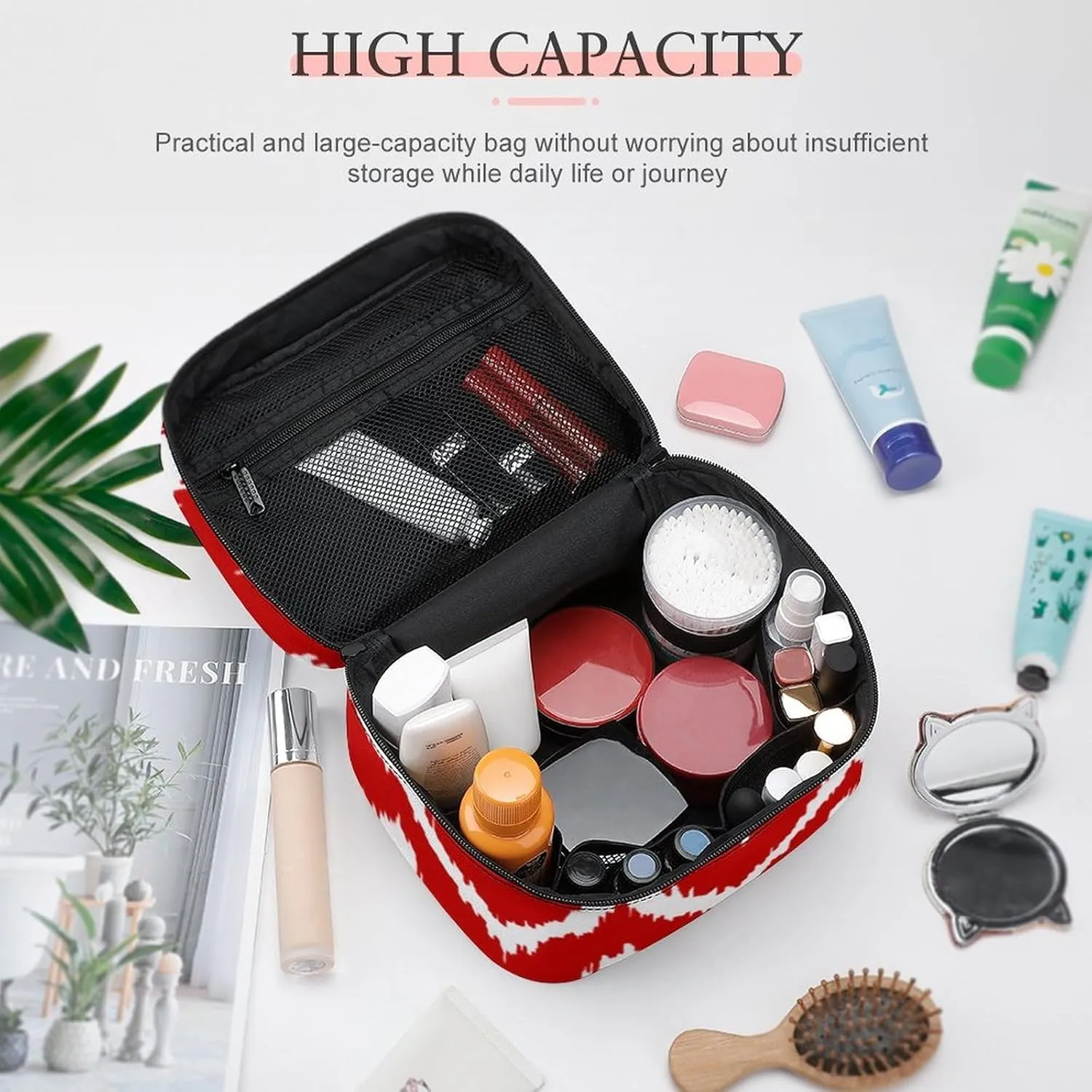 Makeup Bag, Modern Chevrons Deep Red and White Travel Cosmetic Bag Makeup Organizer Case Large Capacity Portable Zipper Toiletry Bag for Women