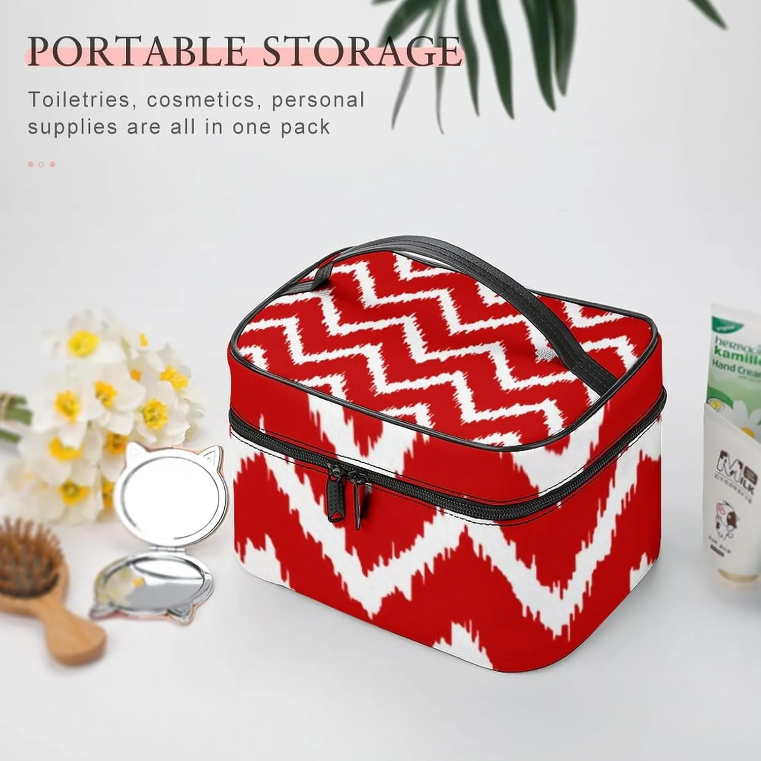 Makeup Bag, Modern Chevrons Deep Red and White Travel Cosmetic Bag Makeup Organizer Case Large Capacity Portable Zipper Toiletry Bag for Women