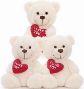 MaoGoLan 3Pcs Bulk Valentines Teddy Bear Stuffed Animal with Red Heart, I Love You Small Teddy Bears Plush in Bulk, 12" Bear Gift for Gift, Girlfriend, Girls,Kids, Decorations,White
