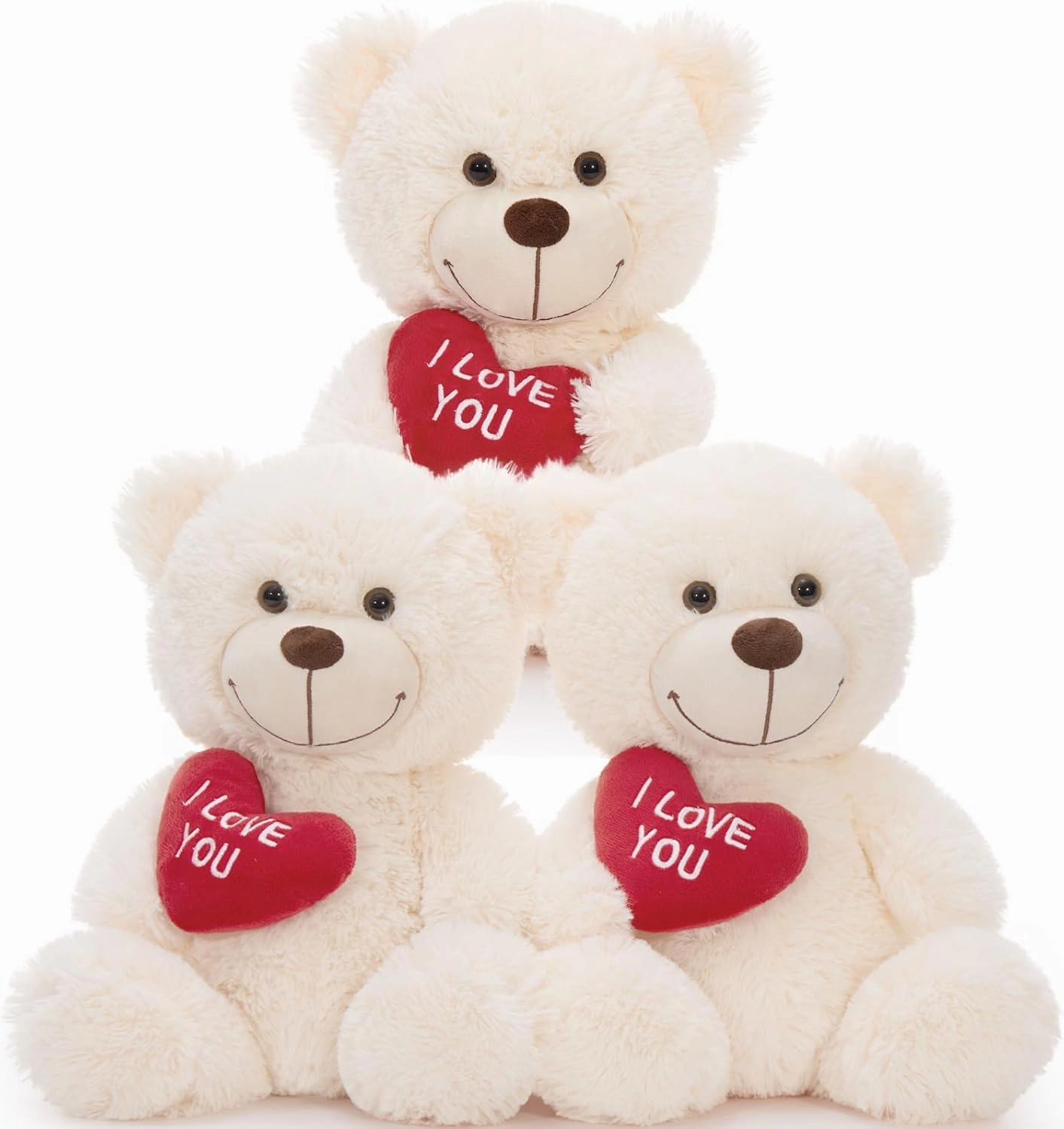 MaoGoLan 3Pcs Bulk Valentines Teddy Bear Stuffed Animal with Red Heart, I Love You Small Teddy Bears Plush in Bulk, 12" Bear Gift for Gift, Girlfriend, Girls,Kids, Decorations,White