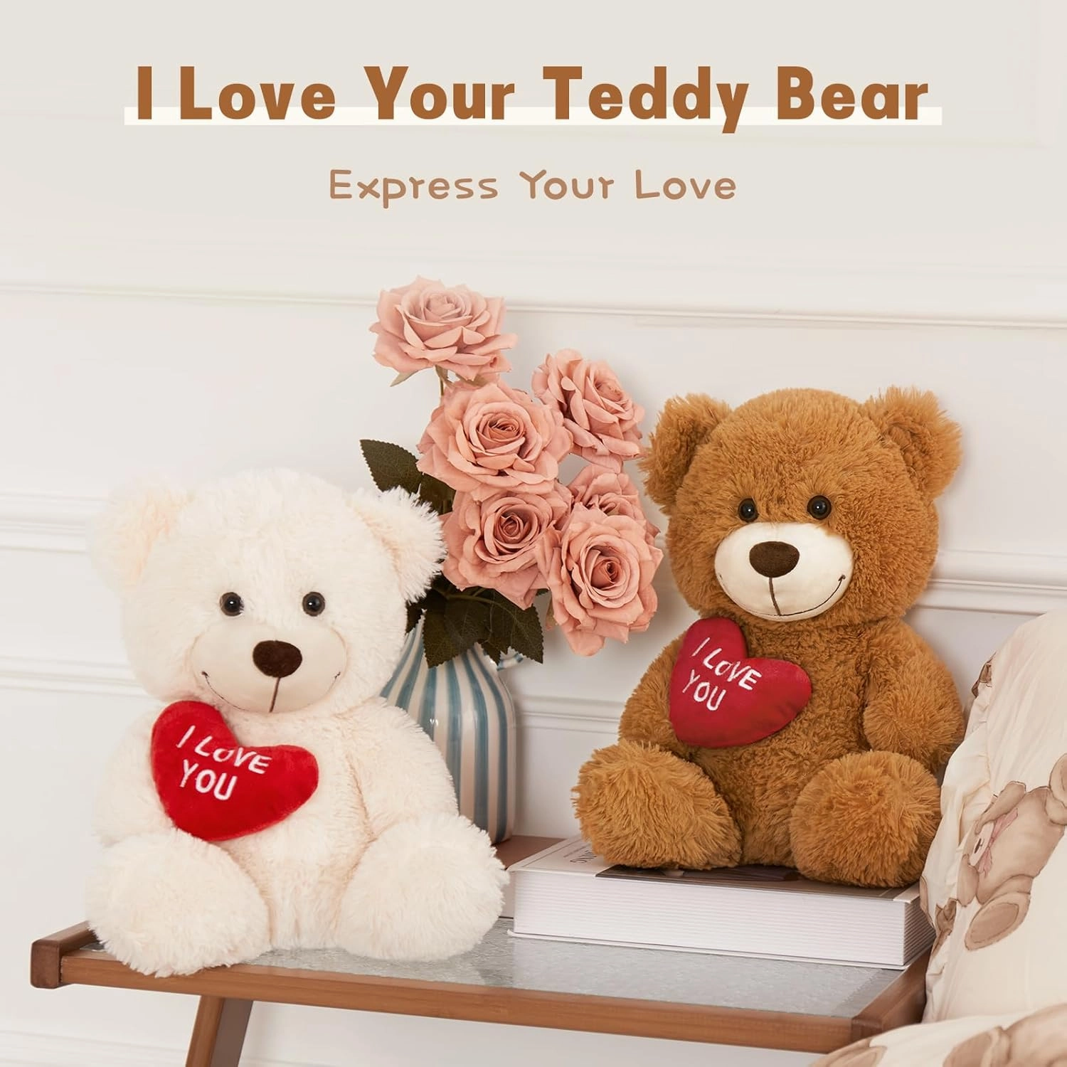 MaoGoLan Small Teddy Bear with Red Heart, I Love You Valentines Teddy Bear Stuffed Animal White,Velvet Red Heart Bear Gift for Kids,Girlfriend,Wife,12"