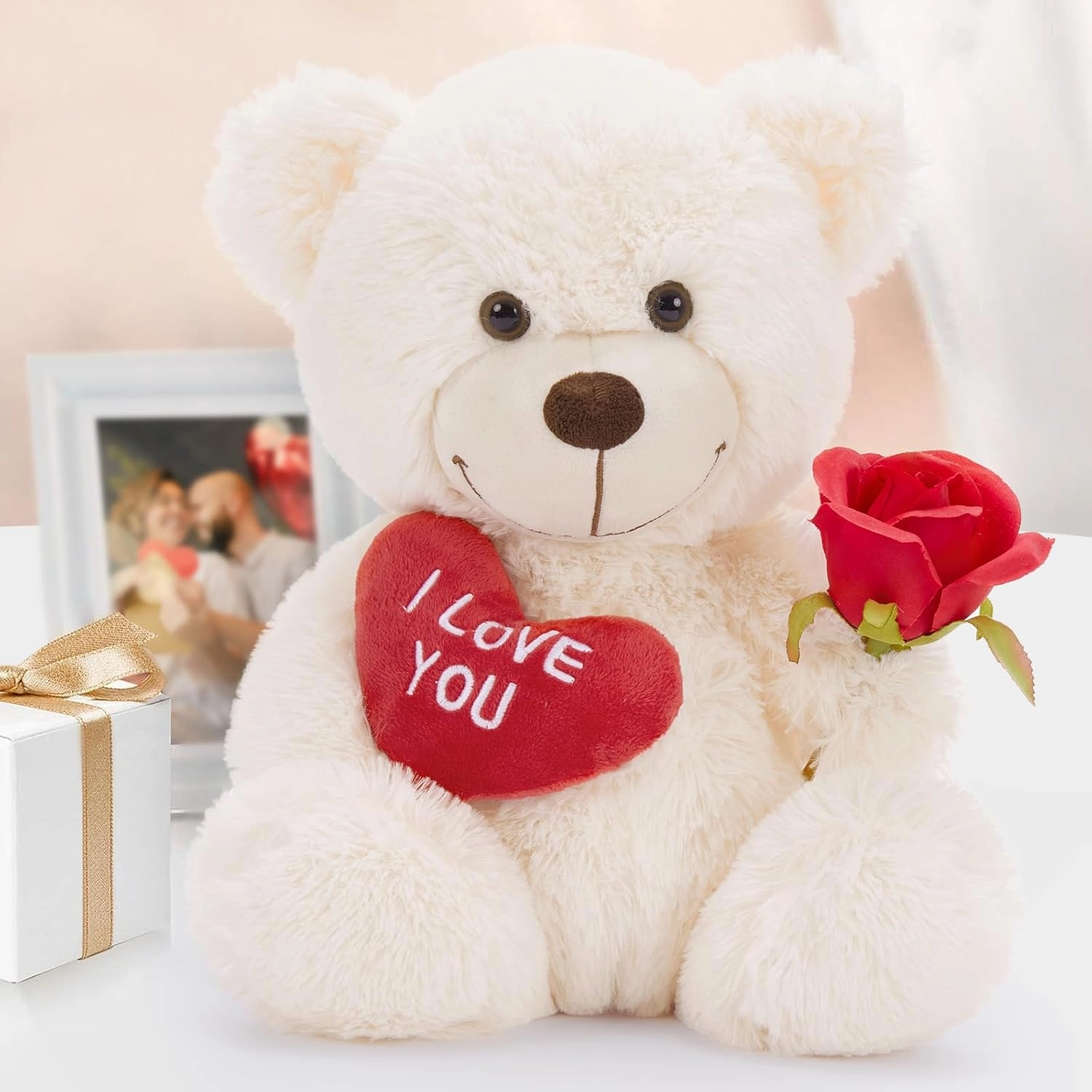 MaoGoLan Small Teddy Bear with Red Heart, I Love You Valentines Teddy Bear Stuffed Animal White,Velvet Red Heart Bear Gift for Kids,Girlfriend,Wife,12"