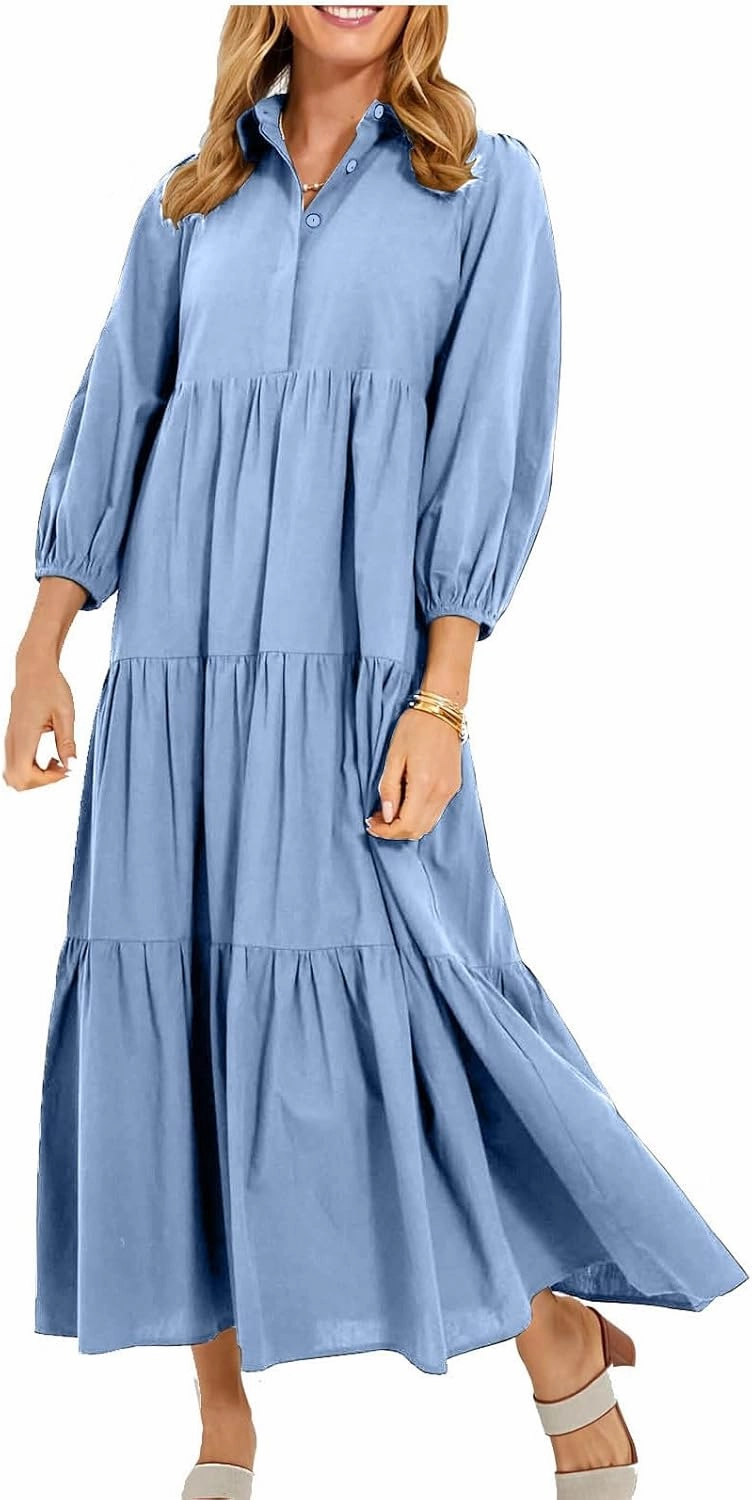 Maxi Dress for Women Casual 2024 Button Down V-Neck Lapel a Line Pleated Shirt Dress Plus Size Fall Flowy Long Dress