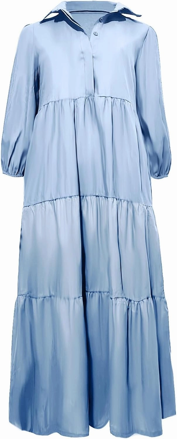 Maxi Dress for Women Casual 2024 Button Down V-Neck Lapel a Line Pleated Shirt Dress Plus Size Fall Flowy Long Dress
