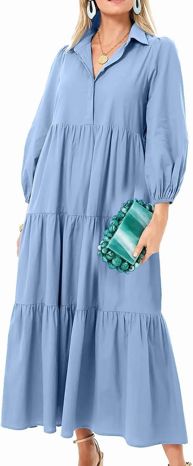 Maxi Dress for Women Casual 2024 Button Down V-Neck Lapel a Line Pleated Shirt Dress Plus Size Fall Flowy Long Dress