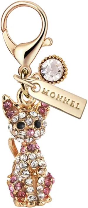 MC123 Crystal 3D Cat Lobster Clasp Charm Pendant with Pouch Bag (Pink ,1 piece)