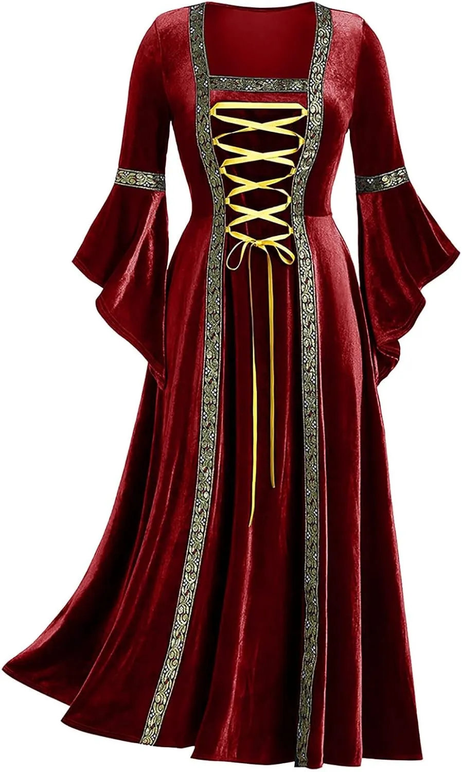 Medieval Costume Women Renaissance Dress Retro Velvet Trumpet Sleeve Corset Dress Irish Gown Long Dress for Halloween