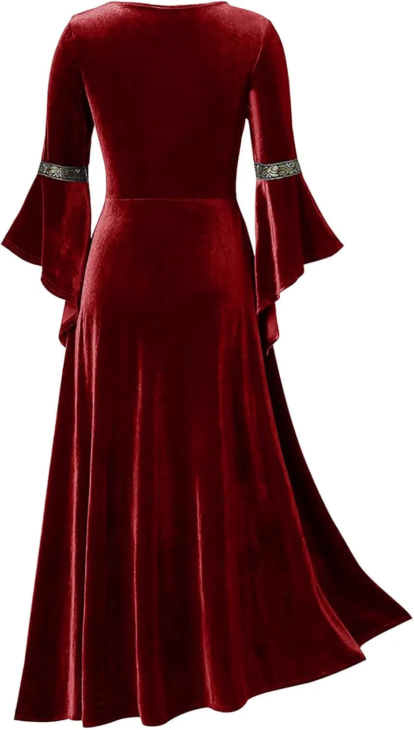 Medieval Costume Women Renaissance Dress Retro Velvet Trumpet Sleeve Corset Dress Irish Gown Long Dress for Halloween