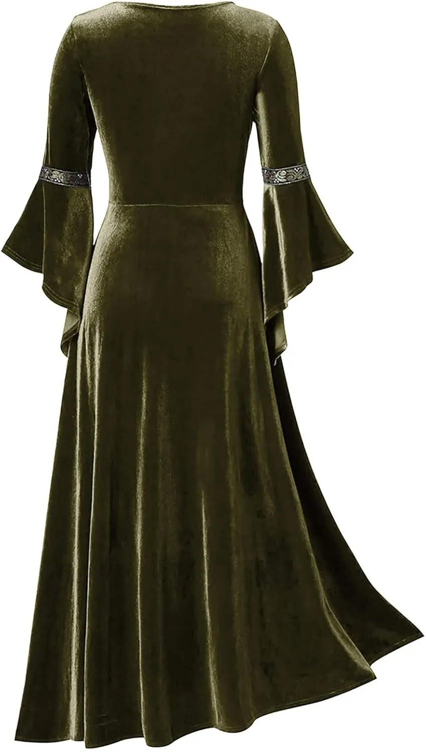 Medieval Costume Women Renaissance Dress Retro Velvet Trumpet Sleeve Corset Dress Irish Gown Long Dress for Halloween