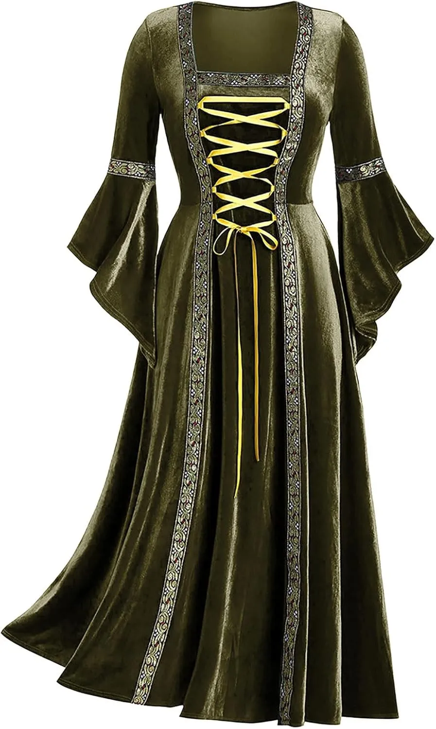 Medieval Costume Women Renaissance Dress Retro Velvet Trumpet Sleeve Corset Dress Irish Gown Long Dress for Halloween